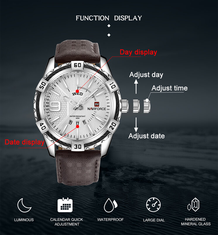 Naviforce Luxe Merk Horloges Voor Mannen Militaire Sport Lichtgevende Dag En Datum Display Leer Waterdichte Mannen Quartz Horloges