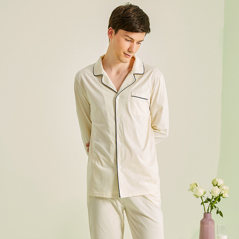 Pijama de algodão casual solto masculino, conjunto de pijamas de manga comprida, lingerie íntima, roupa para casa, novo primavera