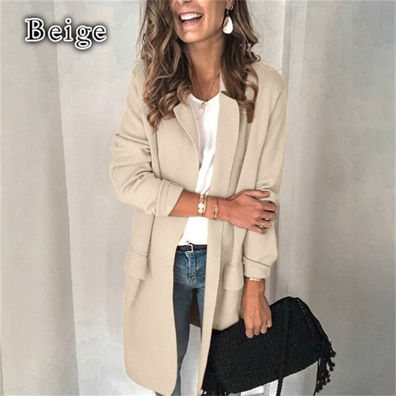 Nuova vendita donna moda Casual giacca tinta unita manica lunga colletto rovesciato cappotto Cardigan lungo