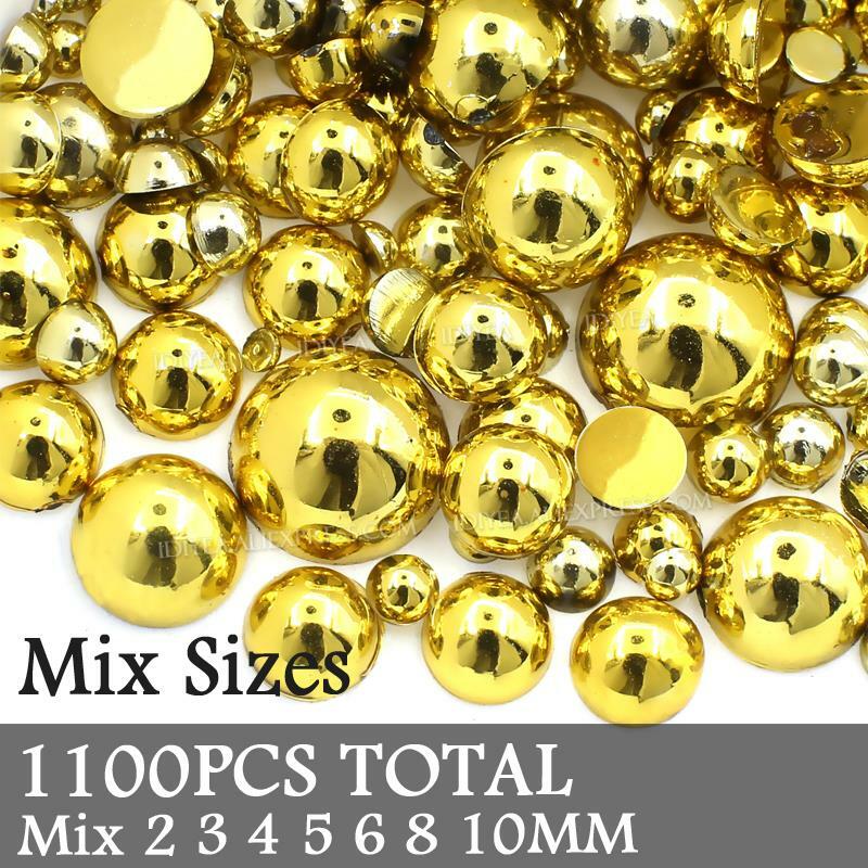 Błyszczące złoto srebrny Mix rozmiary 2mm-10mm półokrągłe koraliki sztuczna perła żywica ABS płaskie powrót Glitters dla majsterkowiczów...
