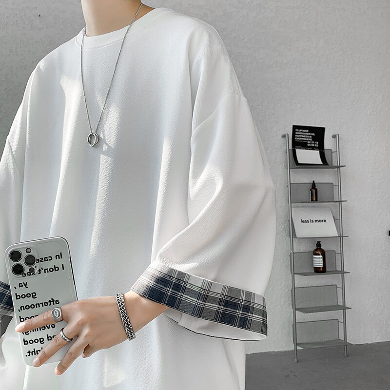 Wiosenne letnie męskie t-shirty damskie ponadgabarytowe 2XL koreańskie Style luźna w kratę koszulka Casual rękawy 7/8 T-shirt męski biały
