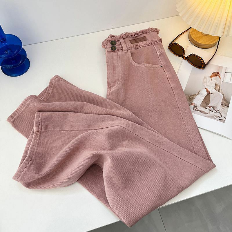 Jeans de perna larga rosa sujo para mulheres, cintura alta fina e esfregar chão, calças de perna reta