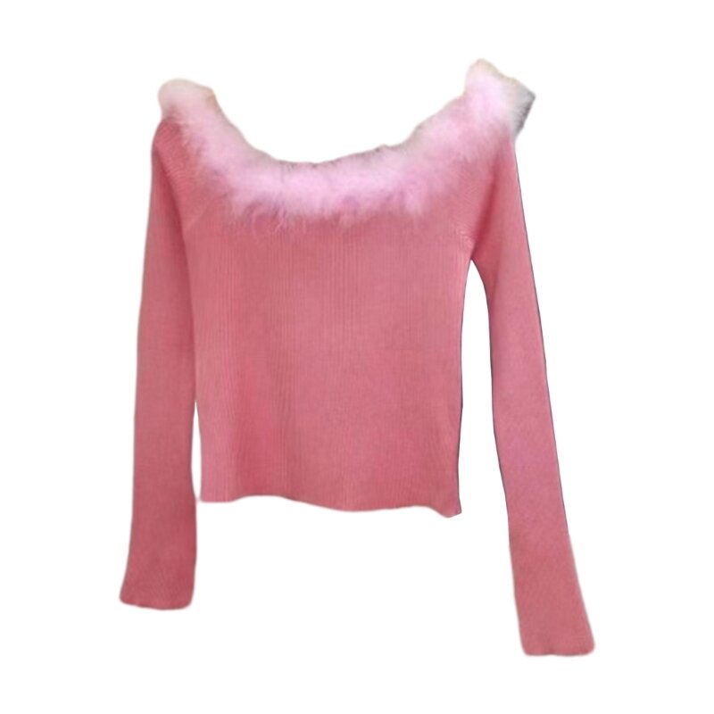 50JB Женский свитер с открытыми плечами, вязаная рубашка с длинными рукавами, топы, сексуальные топы для выхода в свет