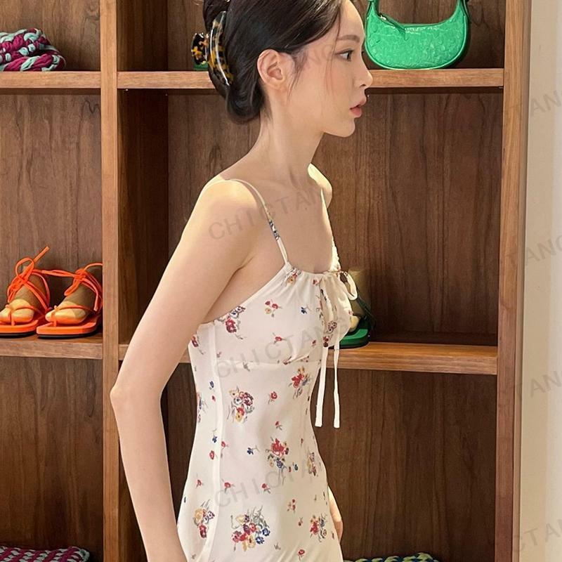 2024 Summer Korean Gentle Off White Temperament Hanging Strap Fragmented Flower Dress Long Dress Women's Korean Edition