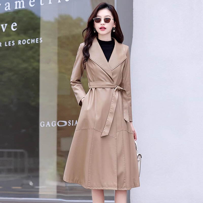 New Women Split Leather Coat Spring Autumn Fashion Elegant Chic Turn-down Collar Lace-up Slim Sheepskin Long Trench Coat