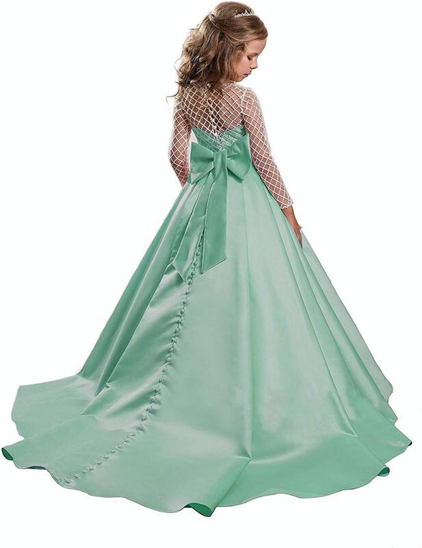 فستان فتاة وردي من الساتان للزفاف ، مزين بالخرز ، طول أرضية منتفخ ، ثوب الكرة بالتواصل الأول ، فستان الأميرة للأطفال