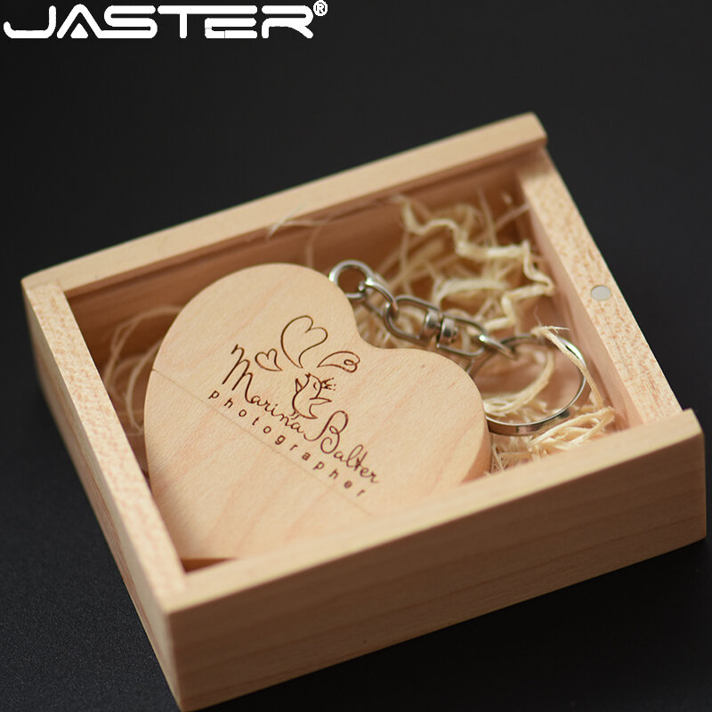 JASTER-Madeira Coração USB Flash Drives, Memory Stick, Presente de Casamento Criativo, Logotipo Personalizado Grátis, Pen Drive, Caixa de Metal, 16 GB, 32GB, 64GB, 128GB