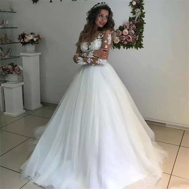 Sweet white bridal gown V-neck long sleeve decal A-line tulle floor-length wedding dress vestidos de novia فستان الزفاف