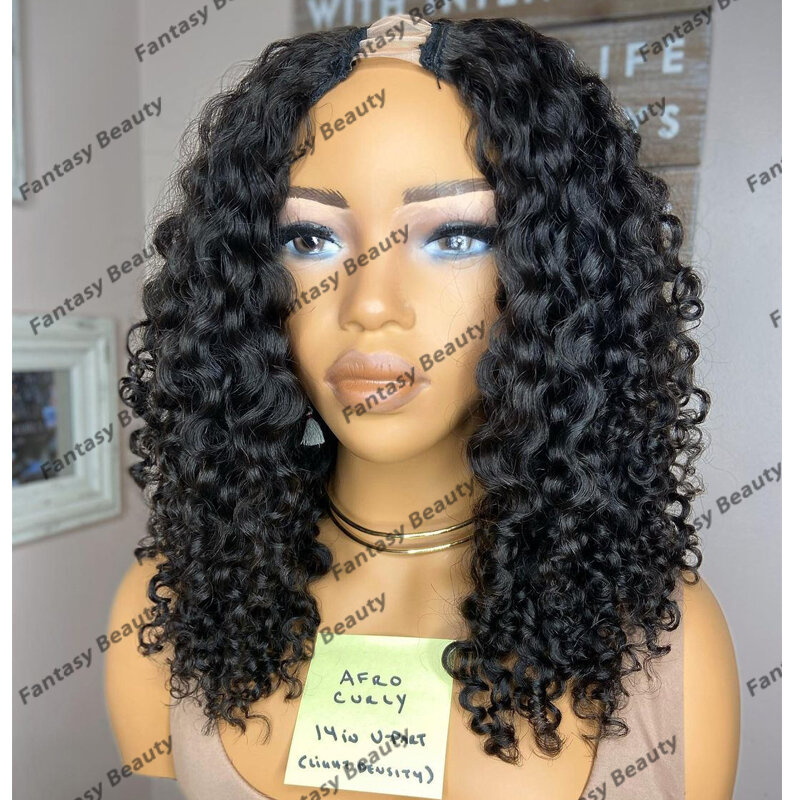 Kruczoczarny kręcone ludzkie włosy na wodę 1x4 środkowe peruki dla czarnych kobiet bezklejowe pełne urządzenie o 200 gęstości, otwierane