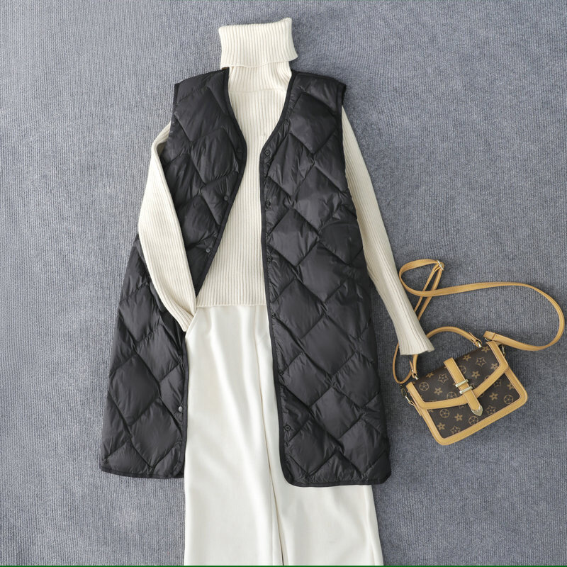 Manteau mi-long en duvet de canard blanc pour femme, veste en fibre, gilet long, simple poitrine, vintage, chaud, décontracté, dames, hiver, nouveau