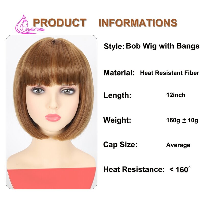 Bob Mixed Brown Blonde Wig with Bangs Natural Short Straight Wigs for Women Shoulder Length Synthetic Wigs for Daily Cosplay