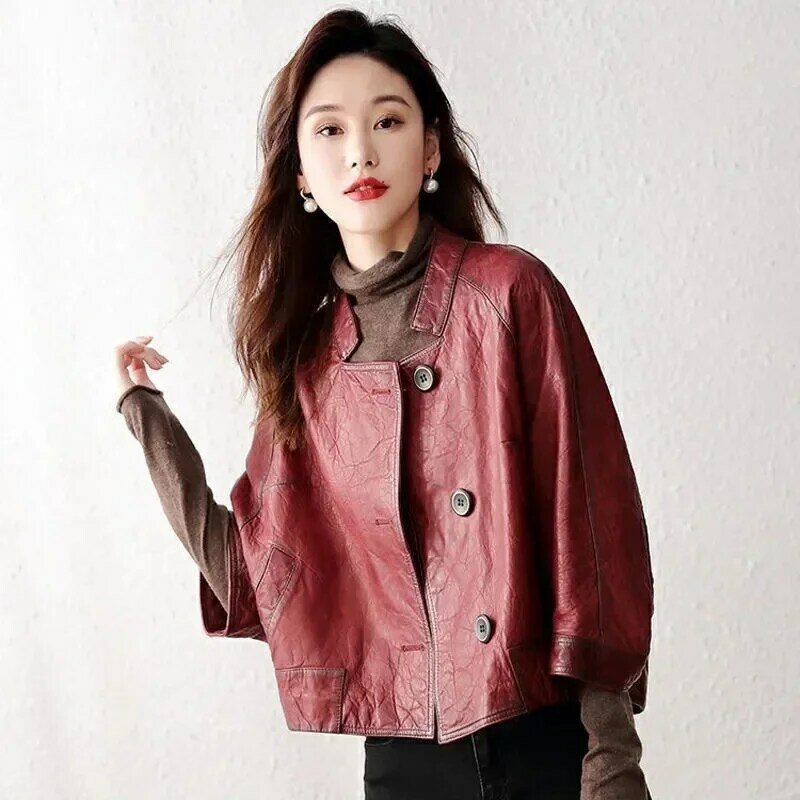 2023 Autumn New Korean Version of Light Ripe Air Quality Leather Female Short Loose Imitation Sheep Skin Coat Jacket Solid Color