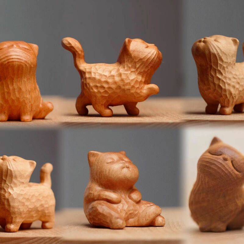 Miniature Cute Kitten Sandalwood Solid Wood Carved Cat Ornament Home interior decoration Birthday Gift