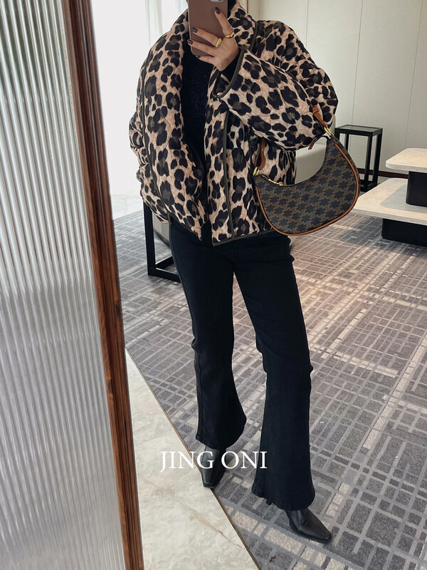 Leopard kurze Polsterung Luxus jacke Winter Frau Kleidung y2k koreanischen Modestil Vintage Oberbekleidung Dec klack elegante Parkas