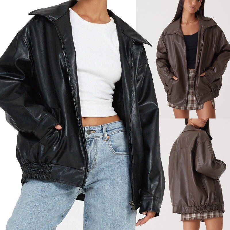 Осень 2024 женское кожаное пальто с лацканами Женская куртка из искусственной кожи популярный топ в локомотивном стиле