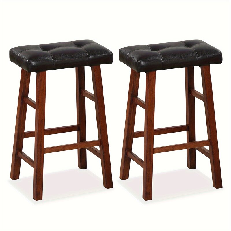 2pcs, Upholstered Barstools Set, 29 High, Backless, Rubberwood, Black Faux Leather Seat, Brown Frame, Dining Chairs, Fits 40-4 S