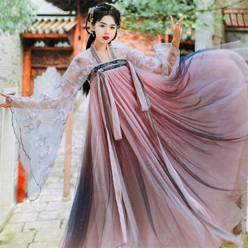 Hanfu-vestido tradicional chino para mujer, disfraz de Hada, color rosa degradado y azul, vestido de baile, Hanfu antiguo