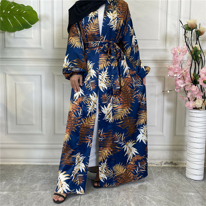 Wepbel szlafrok z długim rękawem kaftan Kimono arabski Trend satynowa sukienka muzułmańska Abaya tkanina strona z nadrukiem kieszeń islamska odzież sweter