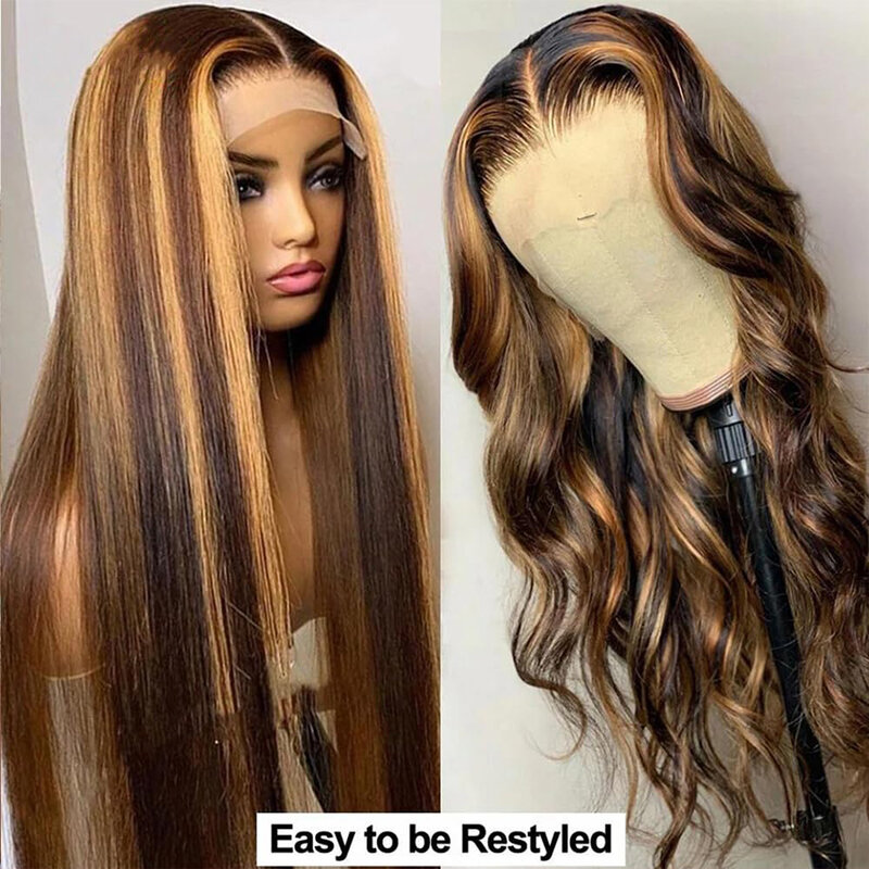 Ombre Highlight Lace Front Wig Human Hair 180% Density Honey Blonde Lace Front Wig Straight 13x4 Transparent Lace Glueless WigS