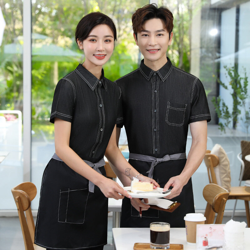 Waiter Workwear Hotel Chinese Tea House Restaurant Catering Clothing Hot Pot Restaurant Restaurant Uniform Denim Shirt