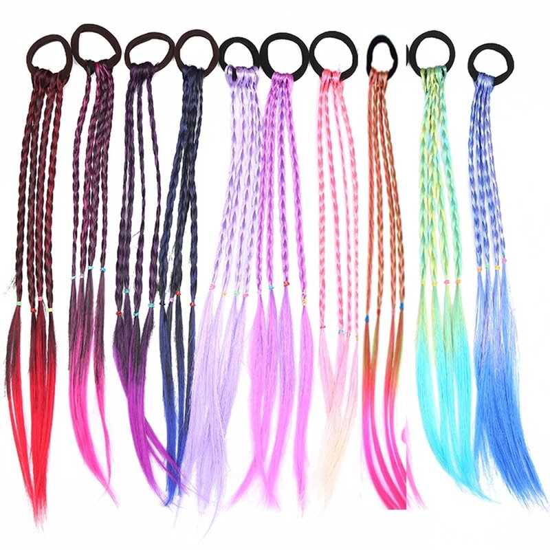 Azqueen Synthetisch Gekleurde Lange Gevlochten Paardenstaart Extensions Met Elastische Band Regenboog Vlecht Pony Tail Haarstuk Voor Meisje Kids