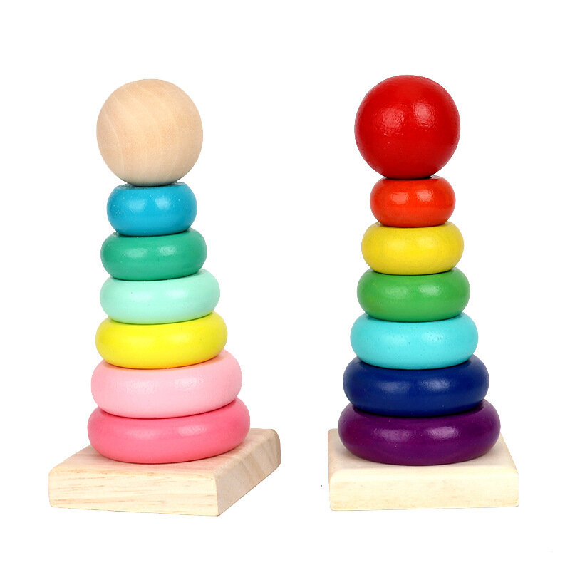 Bebê colorido torre coluna formas geométricas educação precoce jogo brinquedo crianças cognição arco-íris empilhamento de madeira coluna anel quebra-cabeça