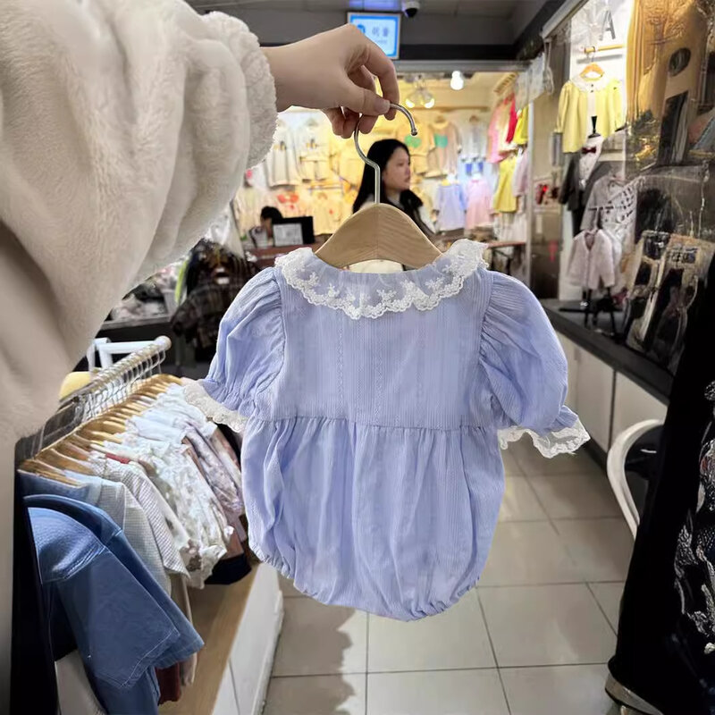 Комбинезон с кружевным воротником для девочек 0-24 месяцев, однотонный хлопковый боди с коротким рукавом для новорожденных, одежда для начинающих ходить детей, лето 2024