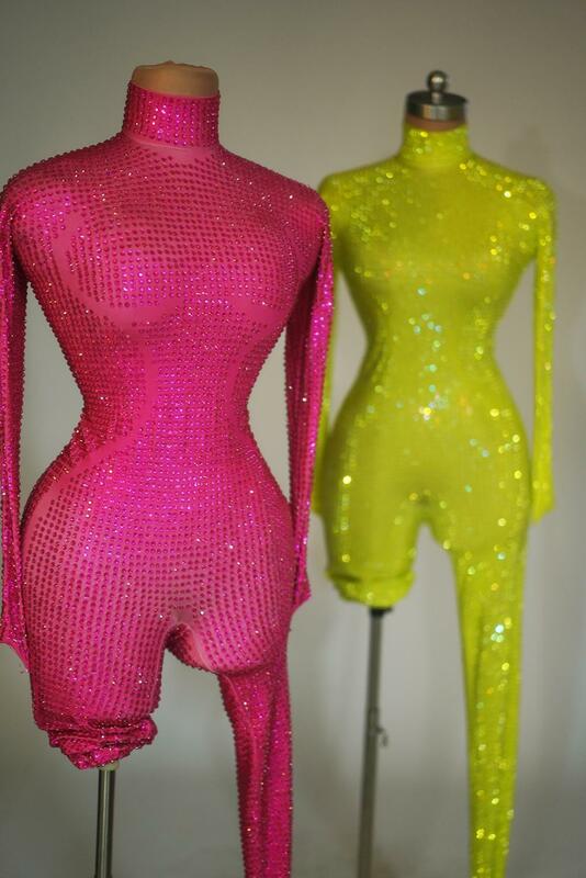 Fluorescent Dressy Romper for Women 2024 Nightclub Bar Sexy One Piece Pants Full Diamonds Female Guest Gala Long Dress Jingdian