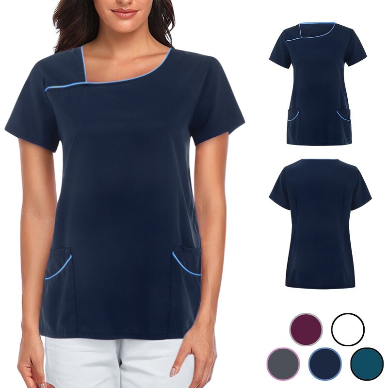 Nurse Uniform Workwear Women Short Sleeve V-neck Solid Color Medical Nursing Blouse Working Uniforms Carer  Overalls Scrubs Top