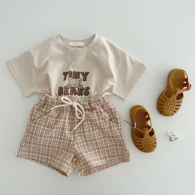 귀여운 곰 레터 프린트 반팔 티셔츠 및 격자 무늬 반바지, 캐주얼 얇은 코튼 수트, 남아 여아 세트, 여름, E73748