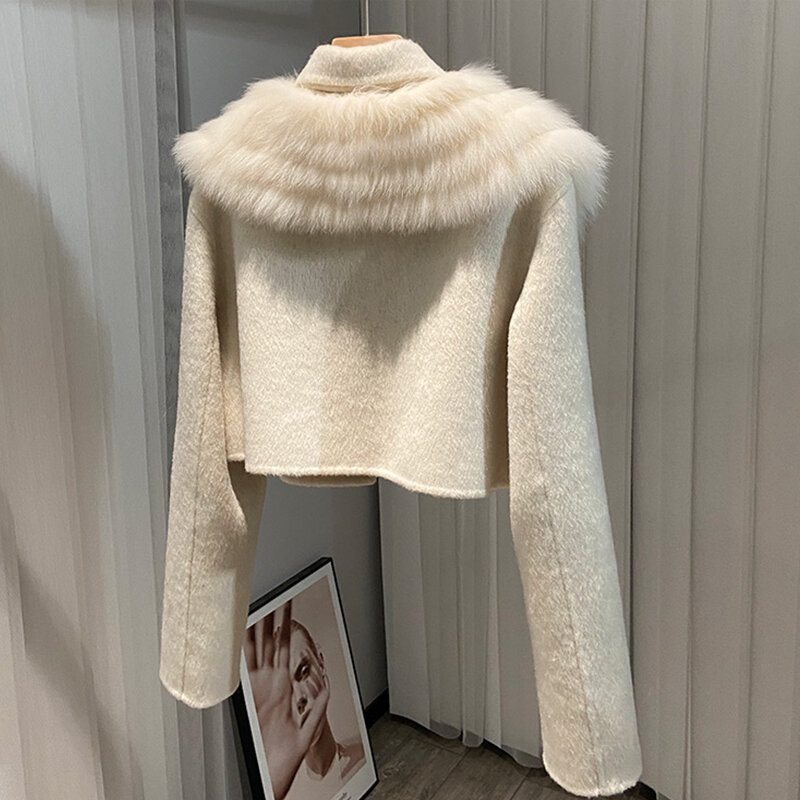 Abrigo corto de lana de Cachemira para mujer, chaqueta con cuello de piel de zorro Natural, ropa de abrigo femenina, Otoño e Invierno