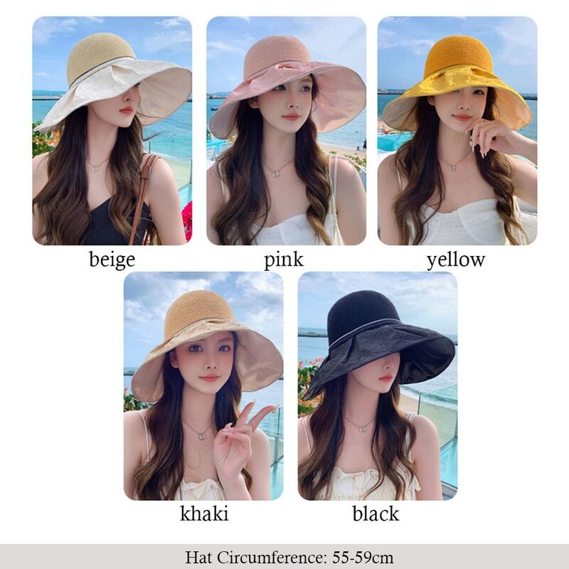 Chapéu de Pescador de abas largas para mulheres, Chapéu Sol Bowknot, Chapéu de Proteção UV para Meninas, Protetor Solar Moda
