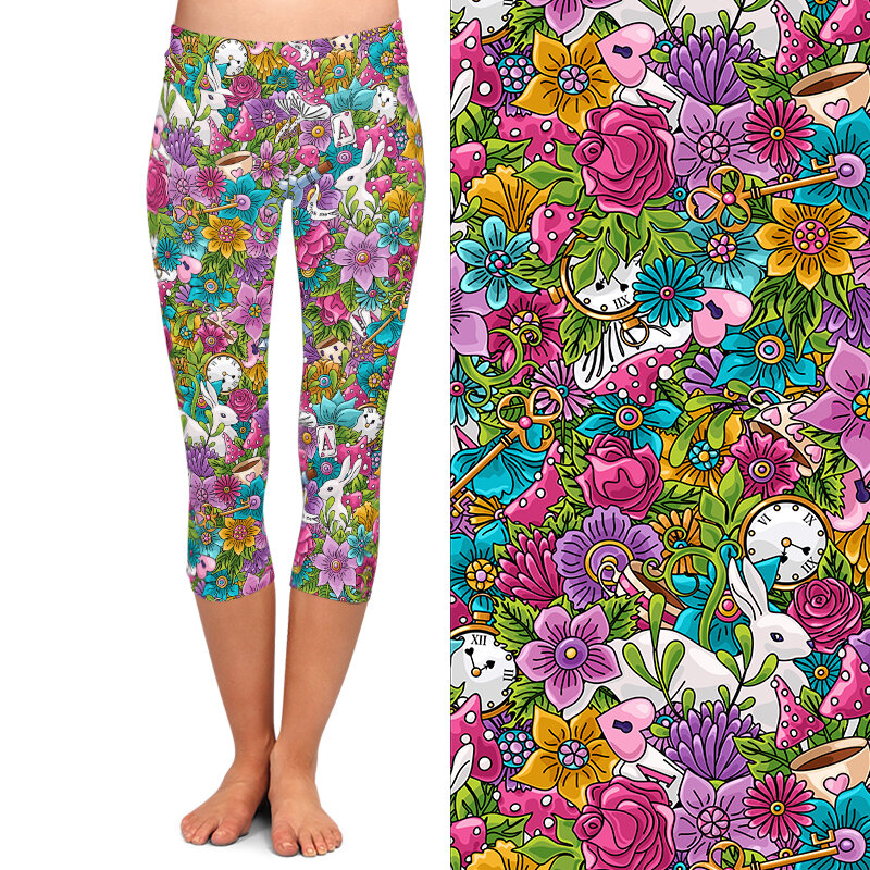 LETSFIND แฟชั่นสีสันดอกไม้กระต่ายกาแฟองค์ประกอบพิมพ์ผู้หญิง Capri กางเกงขายาวเอวสูงกางเกงฟิตเนสฤดูร้อน