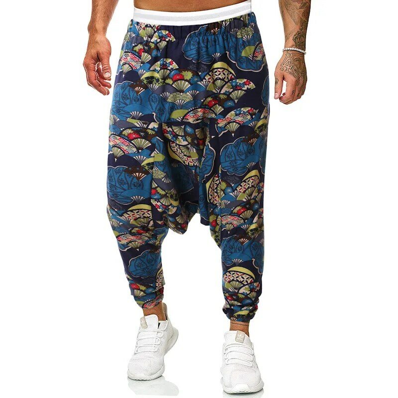 Брюки-султанки мужские из хлопка и льна, винтажные мешковатые широкие штаны с принтом в стиле хип-хоп, уличная одежда в стиле бохо