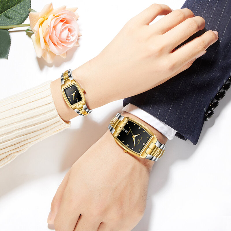 Jam tangan pasangan mewah persegi panjang jam tangan kuarsa pasangan baja tahan karat Fashion emas jam tangan pria wanita jam tangan Analog tanggal