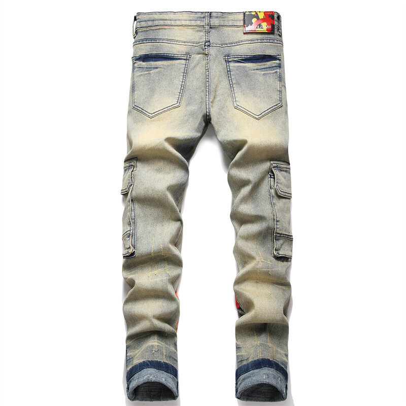 Jeans vintage de bolso múltiplo estampado masculino, estilo americano, justo, calças esticadas retas pequenas, high-end, nostálgico lavado
