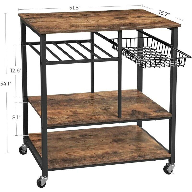 Kitchen cart, food storage rack with metal mesh basket, bottle holder and storage rack, industrial style, rustic brown