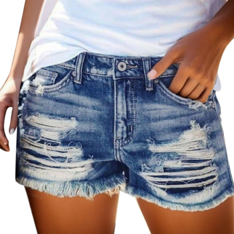 Shorts jeans de cintura alta feminino, jeans lavado, streetwear versátil, buraco na moda casual, verão
