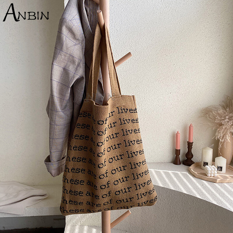 Female Knitting Shoulder Bags for Women Korean Fashion Wool Handbags Tote Casual Reusable Shopping Foldable Crossbody Bag