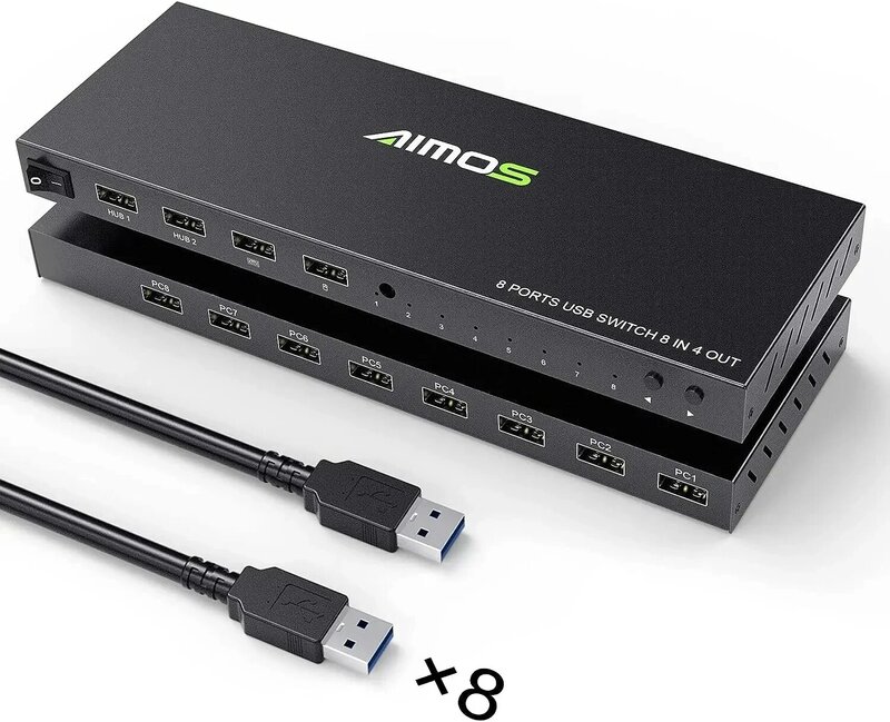 AIMOS KVM 8 in 4 Out USB Printer Sharer Switcher Hub 8 PC Sharing 4 dispositivi USB Switch Box per Mouse, tastiera, Scanner