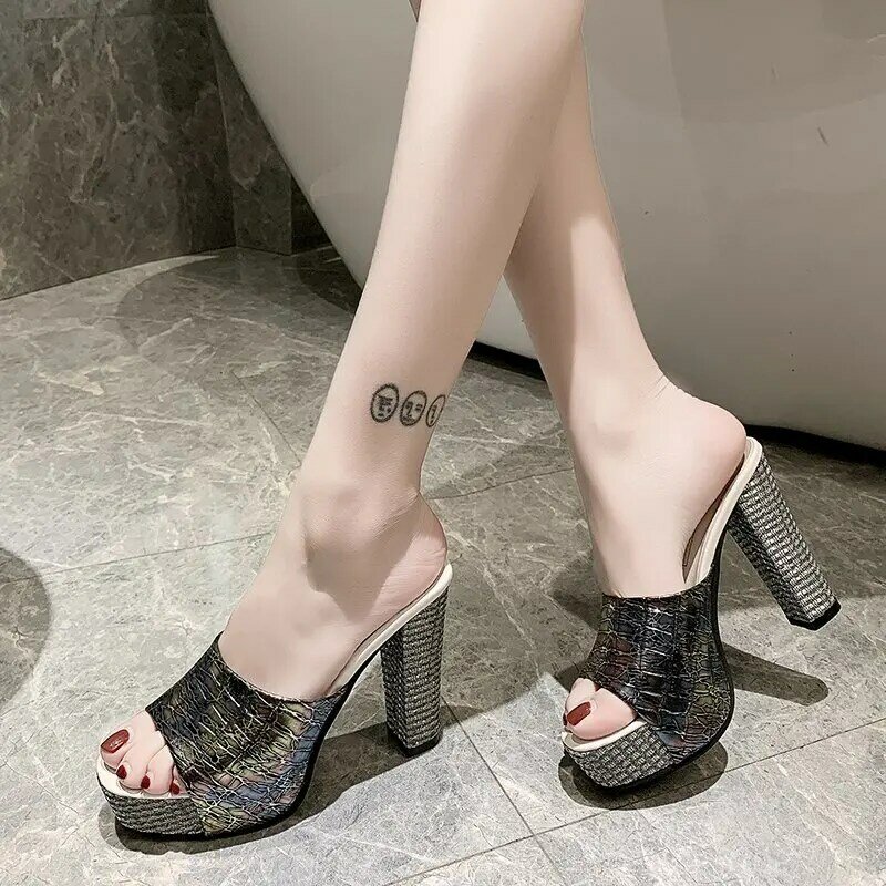 High Heel Slippers Women's Trendy New Summer Fashion Thick Heel Korean Open Toe Slippers