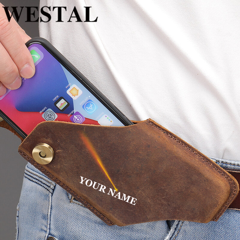Westal-男性用クレイジーホースレザーウエストバッグ、携帯電話ループホルスター、ベルトバッグ、電話ポーチ、高品質の財布、電話ケース