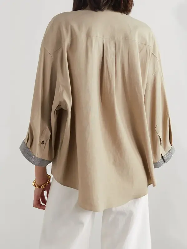 Camisa de manga tres cuartos para mujer, blusa holgada con cuello vuelto y cadena con abalorios, a la moda, novedad de primavera, 2024