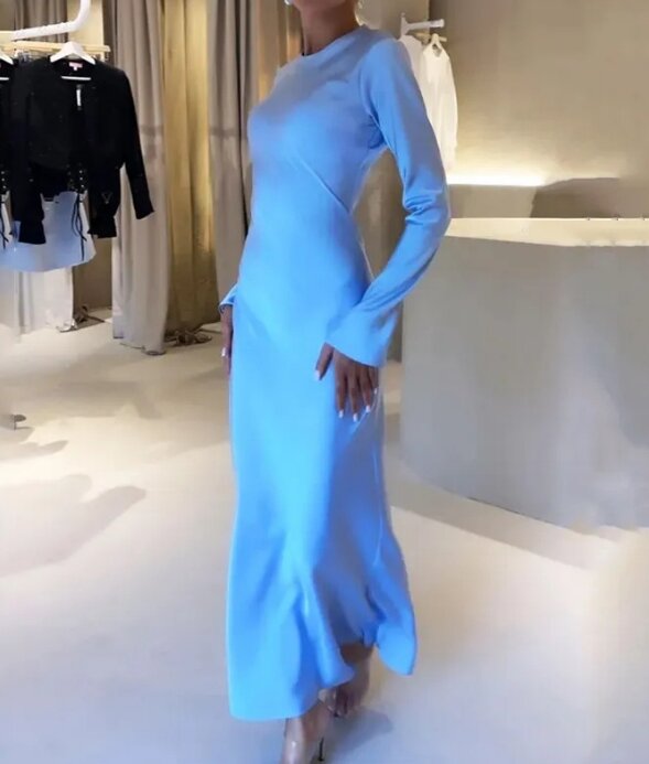 Gaun wanita elegan Perancis 2024 baru gaun Maxi A-line pas badan pinggang tinggi lengan panjang leher bulat Pullover kasual warna polos