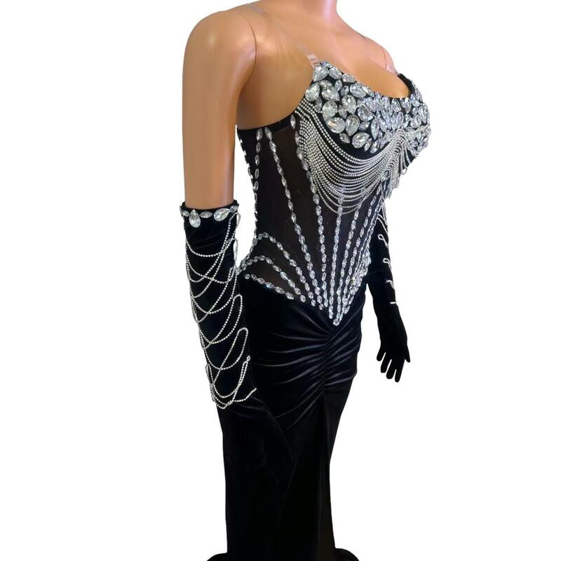 Shanliang-Vestido de noite longo feminino com luvas, estilo sereia, fenda alta, veludo, brilhante, cristal, vestidos de festa formais, 2021