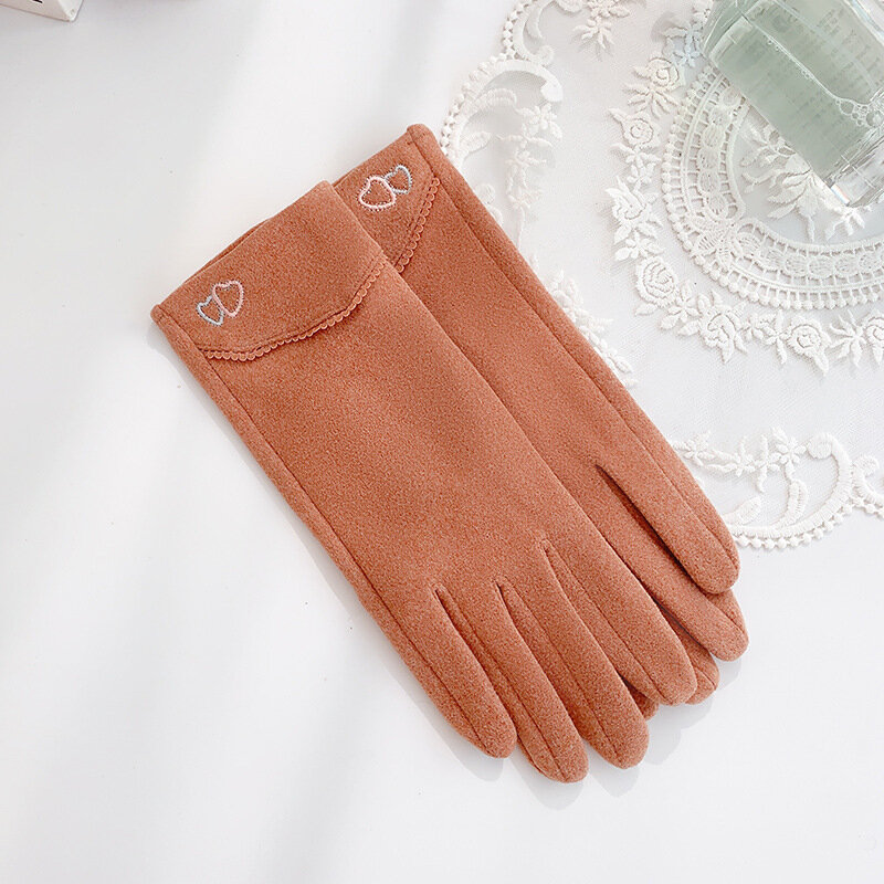 Autumn Winter Women Keep Warm Fingertips Clamshell Touch Screen Thin Gloves Cute Lovely Heart Embroidery Windproof Cycling