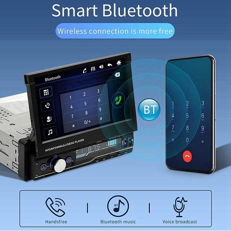 Reproductor de Audio y vídeo para coche, Radio Estéreo de un solo Din, 7 pulgadas, Bluetooth, RDS, FM, AM, USB, AUX, TF, HD retráctil
