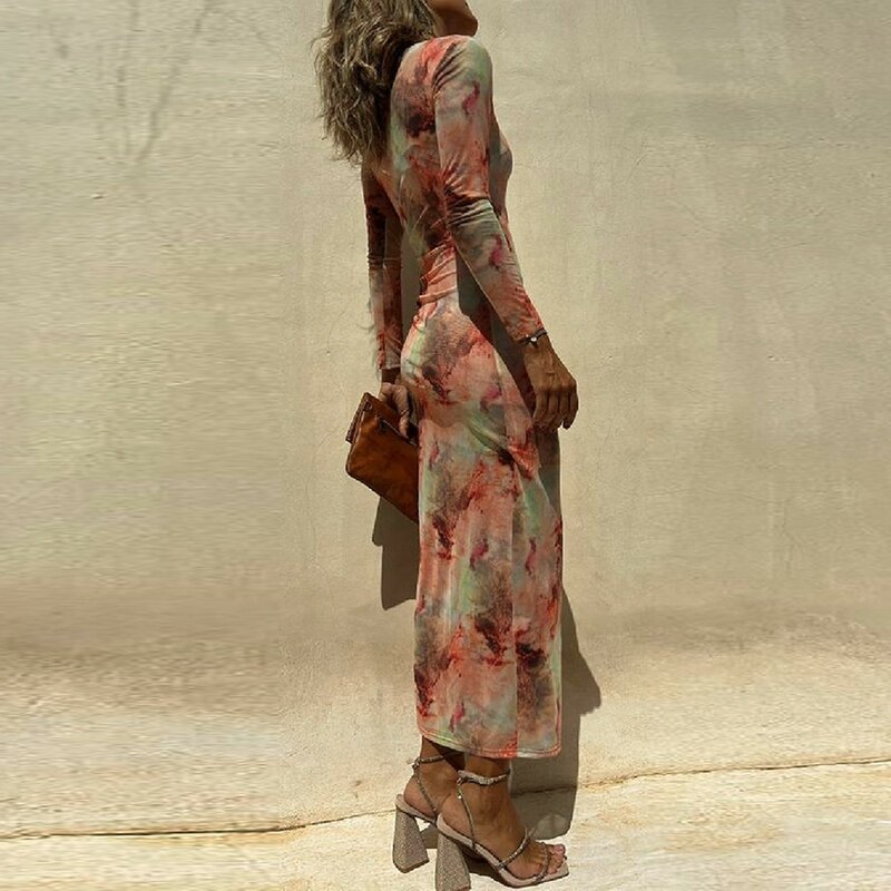 Robe de Soirée en Maille Transparente pour Femme, Tenue à Manches sulf, Fente Latérale, Imprimé Floral, 2024