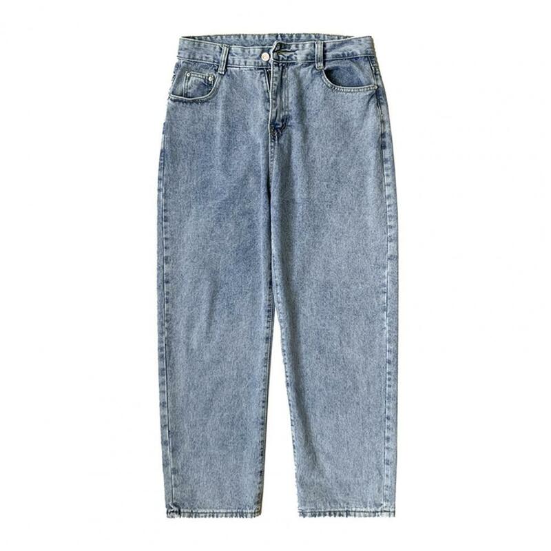 بنطلون جينز مستقيم مناسب للرجال ، متوسط الارتفاع ، زر ، جيوب بذبابة بسحاب ، بنطلون جينز غير رسمي ، ملابس شارع زرقاء فضفاضة
