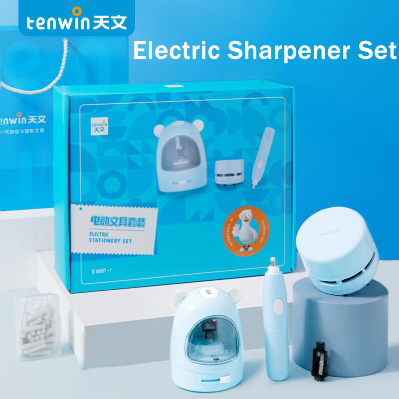 TENWIN-Juego de papelería de 3 colores, sacapuntas eléctrico, limpiador de borrador, soporte de recarga de goma, lápiz, regalo de aprendizaje para estudiantes
